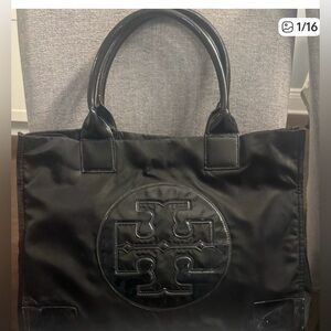 Tory Burch Black Large Ella Nylon Tote with Patent Leather Trim— Fair Condition